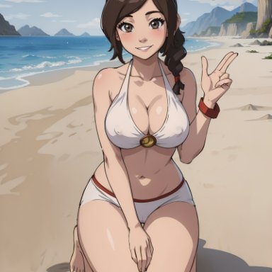 avatar legends, avatar the last airbender, ty lee, aindroidparanoid, 1girls, beach, big breasts, brown hair, covered nipples, female, fire nation, gray eyes, huge breasts, kneeling, nonbender