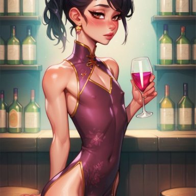 noredeemingvalue, black hair, blush, bulge, bulge through clothing, china dress, earrings, femboy, looking at viewer, male focus, male only, nipples visible through clothing, ponytail, wine, wine glass