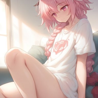 fate (series), fate/grand order, astolfo (fate), a1exwell, 1boy, cute male, femboy, t-shirt, thighs, ai generated, not porn, stable diffusion