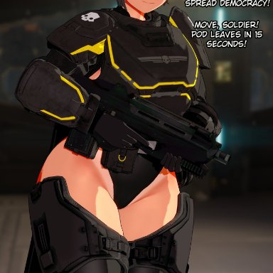 helldivers, helldivers 2, valiance, 1girls, armor, dark skin, dark-skinned female, embarrassed, female, female focus, female only, female soldier, looking at viewer, military, military uniform