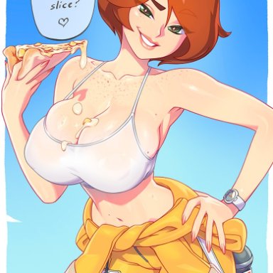 teenage mutant ninja turtles, april o'neil, april o'neil (tmnt 1987), kajinman, 1girls, bare arms, bare shoulders, big breasts, breasts bigger than head, brown hair, clothed, clothing, female, female focus, female only