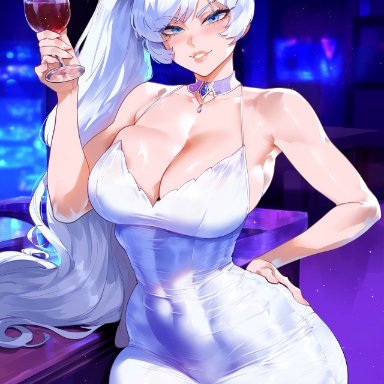 rwby, weiss schnee, creamy ai, blue eyes, cleavage, curvy, dress, large breasts, thick thighs, white hair, wide hips, ai generated