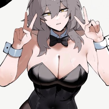 honkai (series), honkai: star rail, stelle (honkai: star rail), masoq095, big breasts, bowtie, bunny ears, bunny girl, bunnygirl, bunnysuit, cleavage, grey hair, yellow eyes, tagme