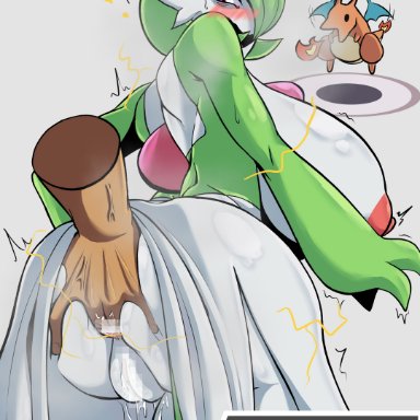 pokemon, charizard, gardevoir, pokemon (species), pokemon trainer, bonjoeman, 1girls, anal, anal fingering, battle, blush, erect nipples, female, fingering from behind, green hair