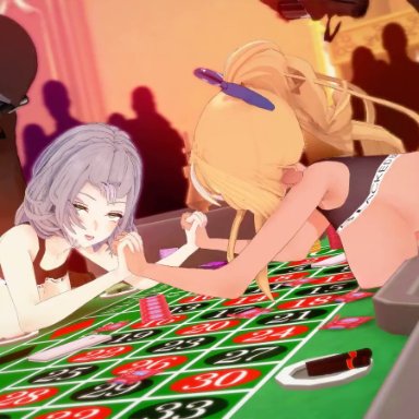 blacked, hololive, hololive fantasy, shiranui flare, shirogane noel, thatvincent, 2boys, 2girls, big breasts, blacked clothing, blonde hair, bow, casino, cum, cum in pussy