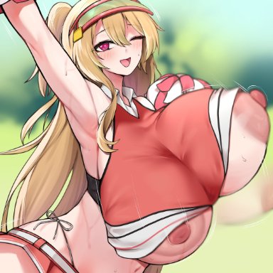 goddess of victory: nikke, clay (nikke), tiger drop, 1girls, armpits, bare shoulders, blonde hair, bouncing breasts, breasts, breasts out, cheerleader, cowboy shot, crop top, emphasis lines, gigantic breasts