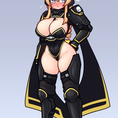 helldivers 2, whiskey project, limebreaker, annoyed, annoyed expression, armor, armored boots, armored gloves, blonde female, blonde hair, breasts, bunny ears, bunny girl, bunnysuit, cape