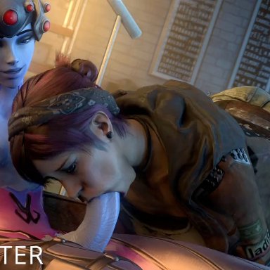 infamous (series), infamous: second son, overwatch, abigail walker, fetch (character), widowmaker, zonkyster, 1futa, 1girls, blowjob, blue skin, breasts, clothed, clothed female, fellatio