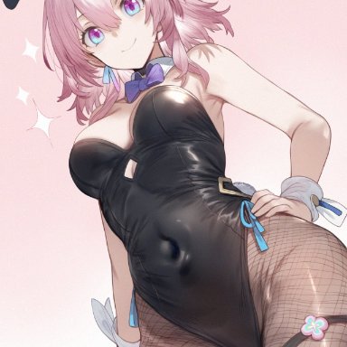 honkai: star rail, march 7th (honkai: star rail), 1girls, bunny ears, bunnysuit, fishnets, from below, leotard