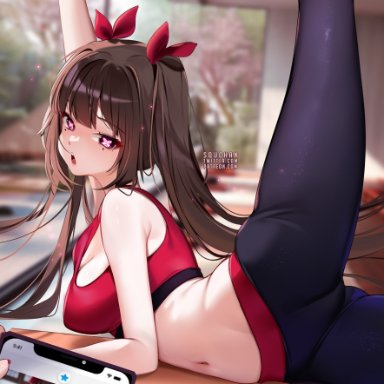 honkai (series), honkai: star rail, sparkle (honkai: star rail), squchan, 1girls, breasts, brown hair, female, flexible, light skin, light-skinned female, long hair, medium breasts, sports bra, sportswear