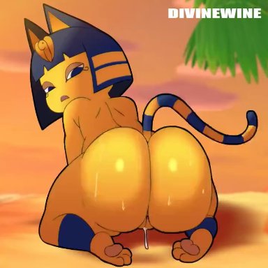2024, 3 toes, animal crossing, animated, ankha (animal crossing), anus, ass, bedroom eyes, blue body, blue eyes, blue fur, blue hair, bodily fluids, colored, divine wine