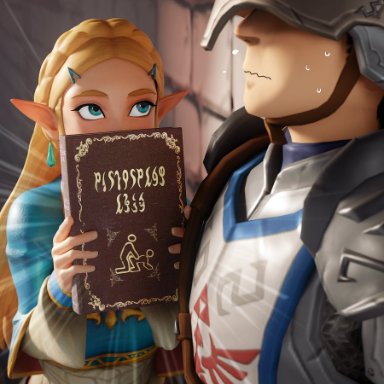 breath of the wild, nintendo, the legend of zelda, hyrulean soldiers, princess zelda, zelda (breath of the wild), fugtrup, armor, before sex, blonde hair, blue eyes, book, clothed, clothing, doggy style