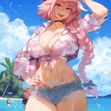fate (series), astolfo (fate), lord tsunoko, 1girls, bare arms, bare legs, bare shoulders, bare thighs, big breasts, blush, clothed, clothing, female, female focus, female only