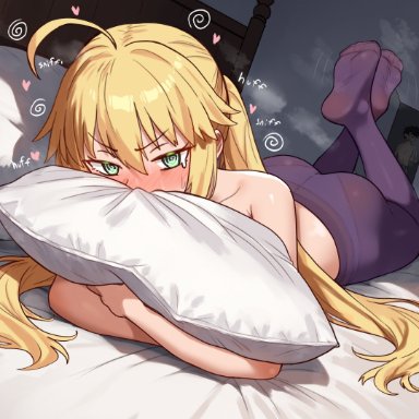 fate (series), fate/grand order, artoria pendragon, artoria pendragon (caster), ebora, youngmanisdown, 1girls, ahoge, ass, blonde hair, blush, breasts, embarrassed, feet, feet up