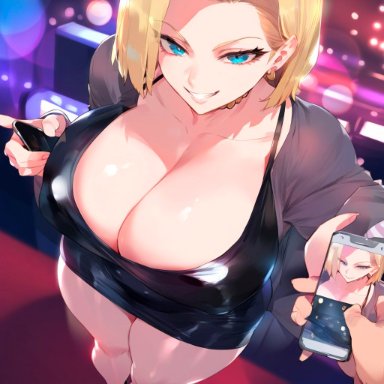 dragon ball super, dragon ball z, android 18, depressu, 1boy, blonde hair, blue eyes, breasts, cellphone, cellphone picture, cleavage, collarbone, dress, earrings, female
