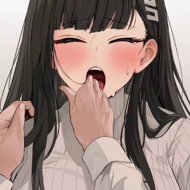 blue archive, seminar (blue archive), rio (blue archive), wedohentai, yuki (asayuki101), 1boy, 1girls, black hair, blush, breasts, clothed, clothing, female, female focus, finger in mouth