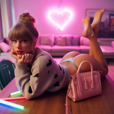 taylor swift, ass, ass focus, celebrity, feet, feet focus, feet up, looking at viewer, panties, table, ai generated, stable diffusion