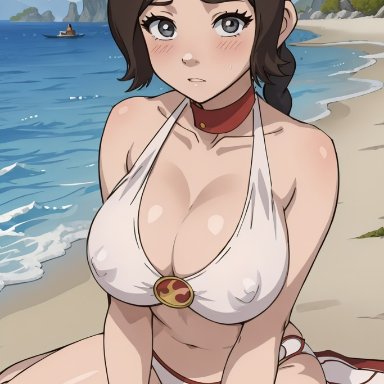 avatar legends, avatar the last airbender, ty lee, aindroidparanoid, 1girls, beach, blush, brown hair, collar, covered nipples, curvy, fear, female, fire nation, gray eyes