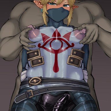 the legend of zelda, link, link (breath of the wild), sheikah link, tenchan, 2boys, abs, armwear, before, big dom small sub, big nipples, bodysuit, busty boy, clothed, clothing