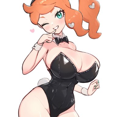 nintendo, pokemon, pokemon ss, sonia (pokemon), gonzarez, 1girls, aqua eyes, breasts, bunny ears, bunny girl, bunnysuit, cleavage, female, huge breasts, light skin