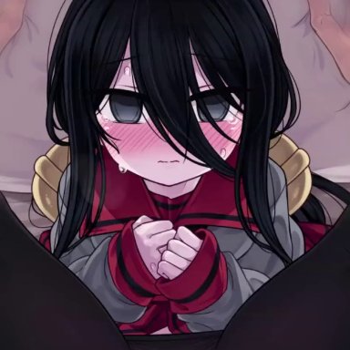 utau, voicevox, character, null (nyanpyoun), 1boy, after sex, artist, black eyes, black hair, black legwear, black pantyhose, blush, chuugoku usagi, clenched teeth, closed eyes