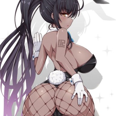 blue archive, karin (blue archive), karin (bunny) (blue archive), virus-g, animal ears, ass, backless leotard, black hair, black leotard, blue bow, blue bowtie, bow, bowtie, breasts, closed mouth