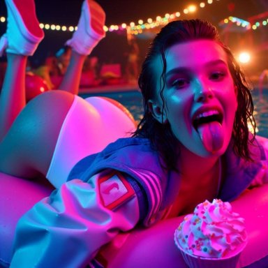 millie bobby brown, ass, ass focus, big ass, brown hair, celebrity, feet up, female, jacket, laying on stomach, lips, looking at viewer, open mouth, poolside, shoes