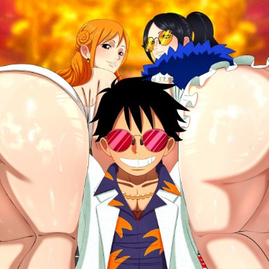 one piece, one piece film gold, monkey d luffy, nami, nico robin, h-lab, anus, big ass, female, ffm threesome, imminent sex, male, presenting, presenting hindquarters, spread legs