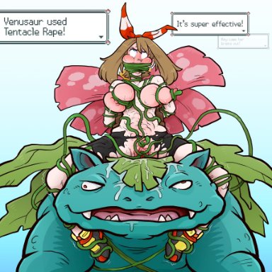 nintendo, pokemon, pokemon oras, generation 1 pokemon, may (pokemon oras), may (pokemon), pokemon (species), venusaur, sparrow (artist), accessory, bodily fluids, bondage, bottomwear, breast fondling, breast grab