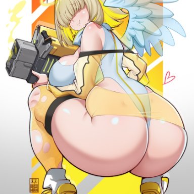 goddess of victory: nikke, elegg (nikke), bayeuxman, 1girls, ahoge, angel, angel wings, ass, ass focus, aureola, back, back view, bare shoulders, bare thighs, big ass