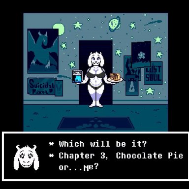 deltarune, picket fences (series), toriel, suicidalpixel, 1girls, anthro, barefoot, barely clothed, black bra, black panties, bouncing breasts, bra, breasts, cleavage, female