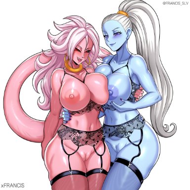 dragon ball, dragon ball fighterz, android 21, female majin, majin, majin android 21, vados, francis slv, 2girls, big breasts, black sclera, blue skin, breasts, female, female only