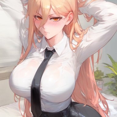 chainsaw man, power (chainsaw man), wanuze, 1girls, big ass, big breasts, big butt, big thighs, blonde hair, blush, demon, demon girl, demon horns, facing viewer, hand on head