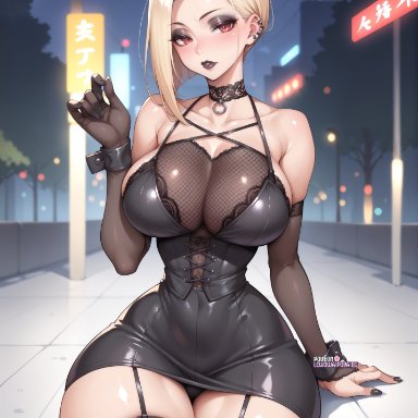 original character, lewdwaifulaifu, 1girls, bare shoulders, bare thighs, big breasts, blonde hair, blush, clothed, clothing, collar, female, female focus, female only, gloves