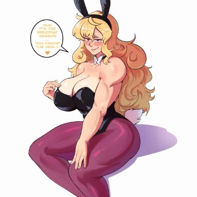 rwby, yang xiao long, hentaly, 1girls, big breasts, blonde hair, blush, bunny ears, bunnysuit, female, female only, heart, long hair, looking at viewer, neck ribbon