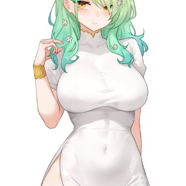 hololive, hololive english, hololive english -council-, hololive english -promise-, ceres fauna, bluefield, 1girls, ao dai, branch horns, breasts, dress, female, green hair, horns, huge breasts