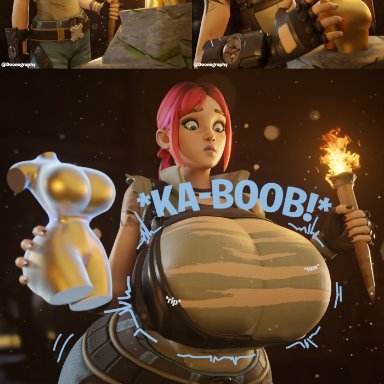 fortnite, fortnite: battle royale, explorer emilie (fortnite), doonography, breast expansion, breasts, female, female focus, female only, growth, hourglass expansion, huge breasts, jeans, tearing clothes, tight clothing