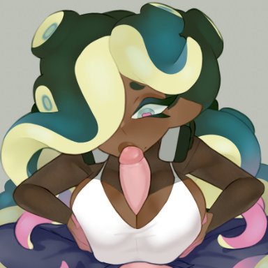 splatoon, splatoon (series), splatoon 3, marina (splatoon), octoling, vespbee, 1boy, breasts, breasts squeezed together, brown lips, cleavage, cropped vest, dark skin, dark-skinned female, erection