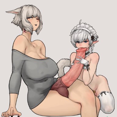 final fantasy, y'shtola, ztyoho, 1boy, 1futa, animal ears, breasts, chastity cage, cleavage, femboy, futa is bigger, futa on male, futanari, horsecock, horsecock futanari