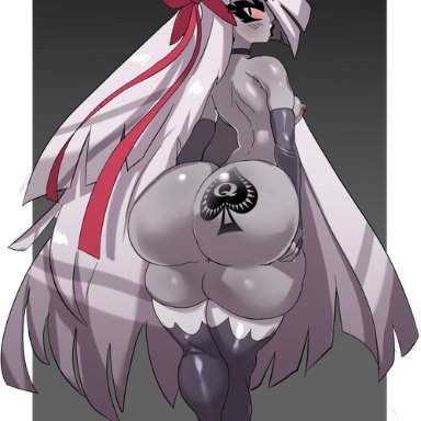 hazbin hotel, vaggie (hazbin hotel), raizengax, riderx, big ass, grey body, grey skin, grey-skinned female, huge ass, large ass, long hair, queen of spades, spade, spade tattoo, very long hair