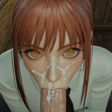 chainsaw man, makima (chainsaw man), blowjob, blowjob face, blowjob only, cum, cum in mouth, cum on face, dick, facial, female, female focus, pov crotch, pov eye contact, sucking penis