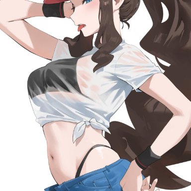 game freak, nintendo, pokemon, pokemon bw, hilda (pokemon), hood x art, 1girls, alternate breast size, blue eyes, booty shorts, breasts, brown hair, female, female only, hat