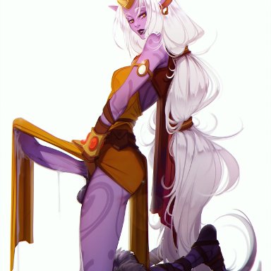 league of legends, soraka, obj shep, 1futa, after ejaculation, animal ear piercing, arm tattoo, ass, balls, black lips, bottomless, breasts, bulge, cape, clothed