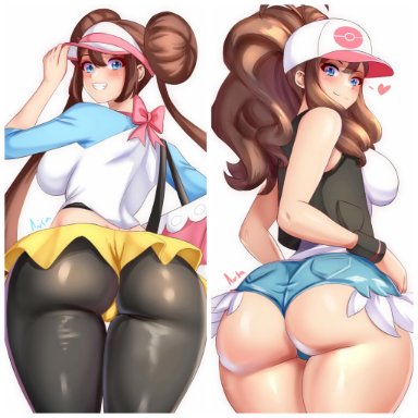 game freak, nintendo, pokemon, pokemon bw, pokemon bw2, hilda (pokemon), rosa (pokemon), anisdrawn, 2girls, alternate breast size, ass, blue eyes, booty shorts, breasts, brown hair