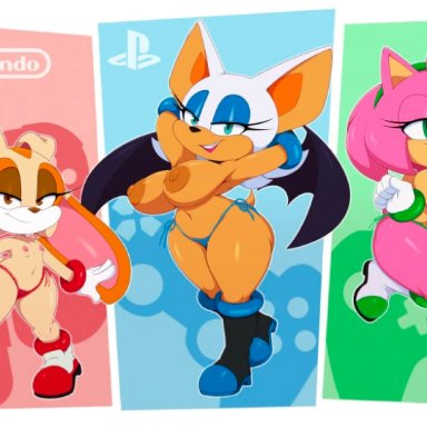 nintendo, playstation, sonic (series), sonic the hedgehog (series), xbox, amy rose, cream the rabbit, rouge the bat, bigdon1992, bikini bottom, flat chest, furry, large breasts, nintendo switch, partial nudity