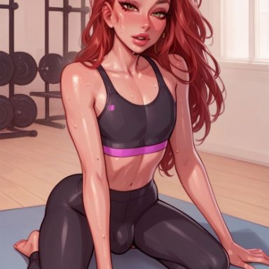 noredeemingvalue, bulge, bulge through clothing, femboy, gym, hazel eyes, male, male focus, male only, red hair, sports bra, sweat, workout, workout clothes, ai generated