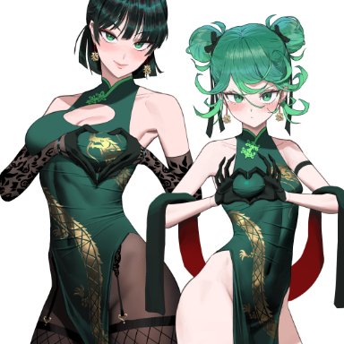 one-punch man, fubuki (one-punch man), tatsumaki, wonbin lee, 2girls, asian, asian female, bare legs, breasts size difference, chinese clothes, cleavage, cleavage cutout, earrings, fishnets, garter straps