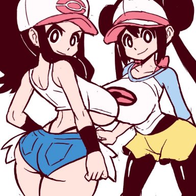 game freak, pokemon, hilda (pokemon), rosa (pokemon), mossyfroot, 2girls, ass, big ass, big breasts, big butt, big thighs, booty shorts, breasts, cap, long hair