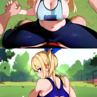 fairy tail, lucy heartfilia, somethingweird, ass grab, assisted exposure, assjob, blush, butt crack, buttjob, cum, cum on body, embarrassed, erection, erection under clothes, from behind