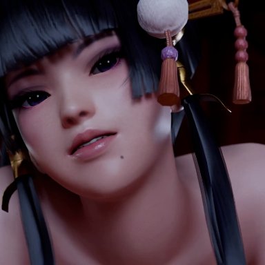 dead or alive, nyotengu, spizzy, 1girls, alternate costume, black hair, bouncing breasts, breasts, close, close-up, female, female on top, male pov, mole, mole under mouth